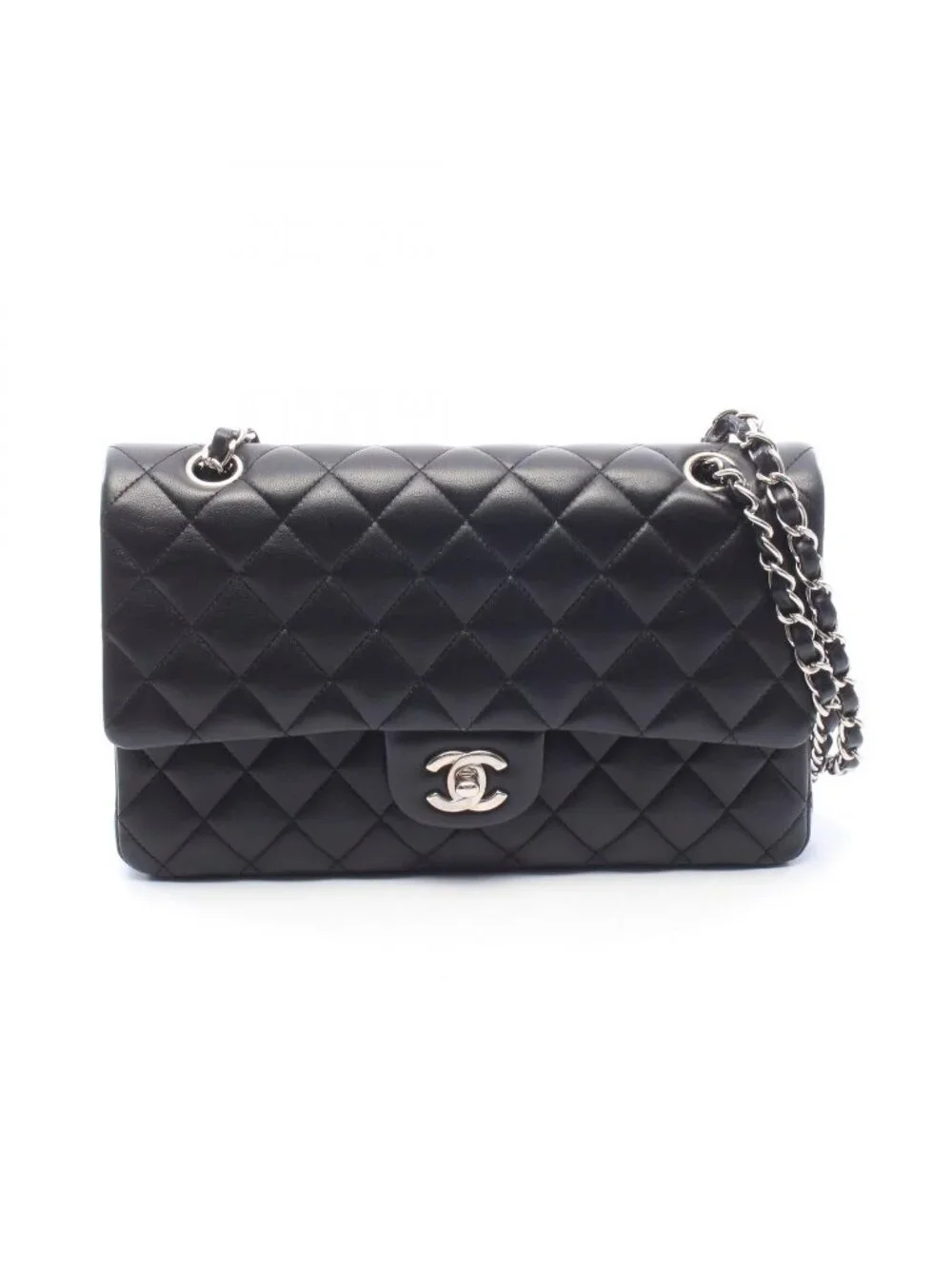Chanel Shoulder Bag Quilted Double Flap Black Lambskin Chain